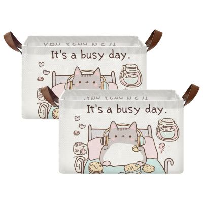 Funny Cute Cat Chill Lazy Kitty Baby Storage Basket with Labels&Handles Rectangular Waterproof Nursery Storage Bins Collapsible Shelf Organizer Baskets for Kids Books Cloth Toys Laundry, 2 Pack