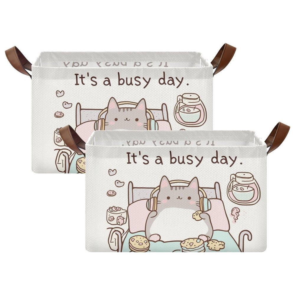 Funny Cute Cat Chill Lazy Kitty Baby Storage Basket with Labels&Handles Rectangular Waterproof Nursery Storage Bins Collapsible Shelf Organizer Baskets for Kids Books Cloth Toys Laundry, 2 Pack