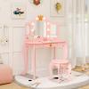 HONEY JOY Kids Vanity with Lights, Crown Girls Vanity Set with Mirror and Stool and Lights, Toddler Vanity, Wooden Makeup Table for Little Girls, Pretend Play Kids Vanity Table and Chair Set(Pink) view 2