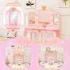 HONEY JOY Kids Vanity with Lights, Crown Girls Vanity Set with Mirror and Stool and Lights, Toddler Vanity, Wooden Makeup Table for Little Girls, Pretend Play Kids Vanity Table and Chair Set(Pink) view 3