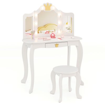 HONEY JOY Kids Vanity with Lights, Crown Girls Vanity Set with Mirror and Stool and Lights, Toddler Vanity, Wooden Makeup Table for Little Girls, Pretend Play Kids Vanity Table and Chair Set(White)