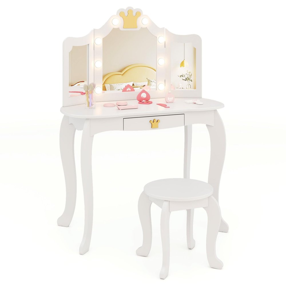 HONEY JOY Kids Vanity with Lights, Crown Girls Vanity Set with Mirror and Stool and Lights, Toddler Vanity, Wooden Makeup Table for Little Girls, Pretend Play Kids Vanity Table and Chair Set(White)