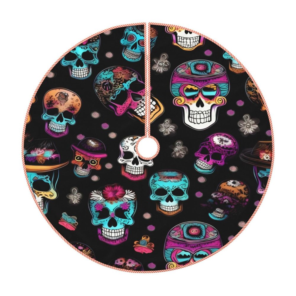 Sugar and Skulls Style Christmas Tree Skirt, 48 Inches Suitable for Christmas Party Christmas Tree Decoration.