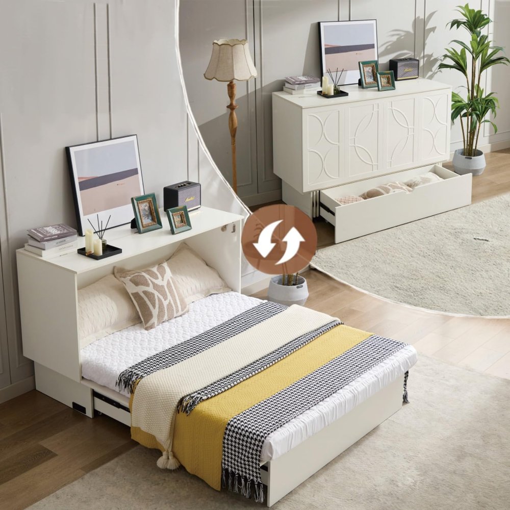 DaiNNCN Queen Size Murphy Cabinet Bed with Folding Foam Mattress,Cube Foldable Murphy Bed Chest with Storage Drawer and USB Ports,Space Saving for Small Space-White