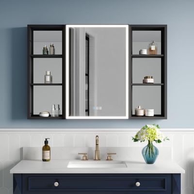 WELLFOR 44" X 30" LED Mirrored Bathroom Cabinet with Black Side Cabinet, Bathroom Mirrored Cabinet with Defog Mirror, Recessed or Surface, Left Opening Door, Adjustable Lighting, with USB Outputs