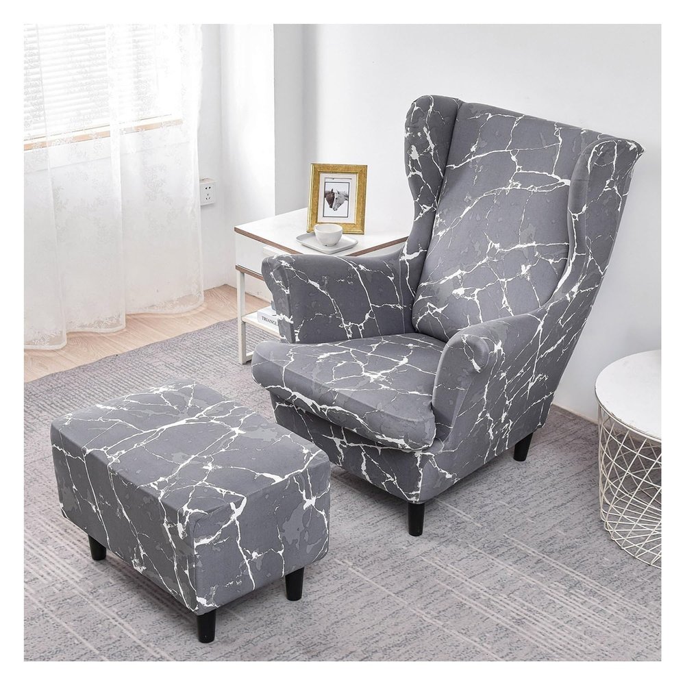 ZYANLING Stretch Wing Chair Cover Set Ottoman Slipcover 2 Pieces Wingback Chair Slipcover and and Rectangle Storage Stool Cover Removable Armchair Sofa Covers for Living Room Bedroom(Color 2)