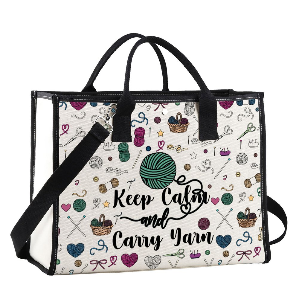 JNIAP Crochet Tote Bag For Crochet Lovers Knitting Shoulder Bag Yarn Lover Bag Keep Calm And Carry Yarn Crocheters Gifts (Keep Calm Tote)