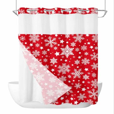 No Hook Shower Curtain and Snap in Liner Set, Red Christmas Fabric Bathroom Stall Shower Curtains 48x72 Inch, See Through Mesh Top Window, White Snowflake Winter Xmas Snowscape Hotel Style, Waterproof