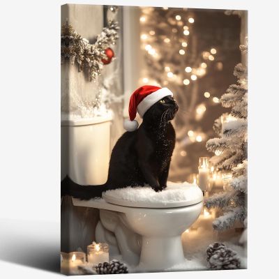 ECUASMR Vintage Christmas Posters - Botanical Pine Canvas Wall Art & Black Cat Sitting on Toilet Winter Prints for Home Decor and Aesthetic Room Enhancements 16X24 in Wrapped Framed
