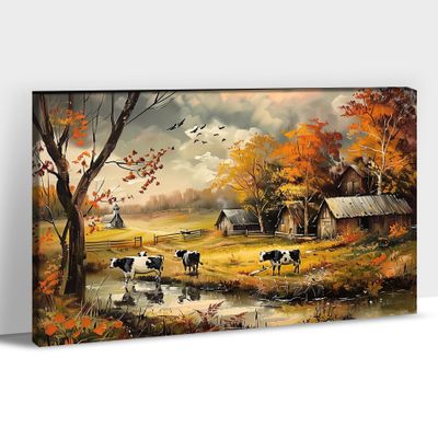 GUTTATY Fall Posters Framed Wall Art, Rustic Country Farmhouse Canvas Wall Decor, Orange Maple Leaves Tree Autumn Wall Art, Animals Fall Wall Art Canvas for Living Room, Kitchen 24x36 Inch