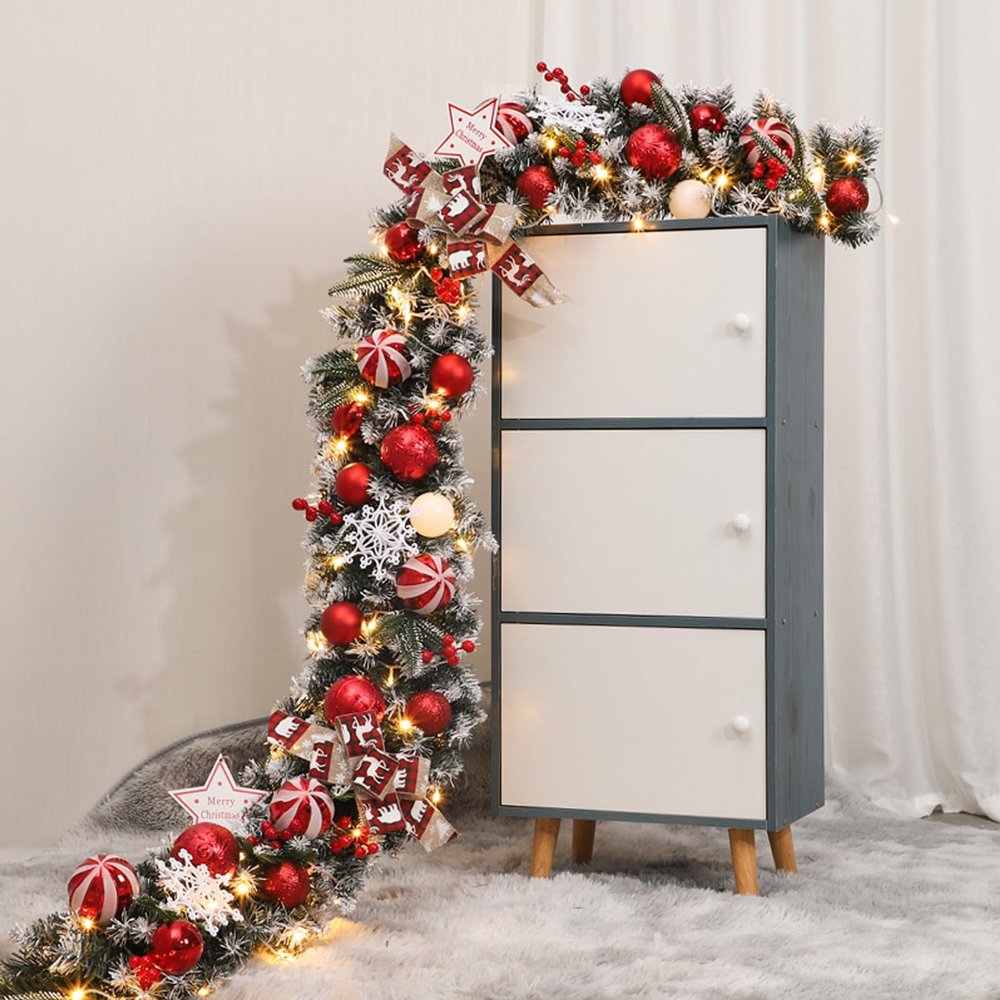 WRYSQBHJYB 6.5 FT Christmas Garland, Christmas Garland for Mantle, PE Spray White Mixed Rattan with Light, Christmas Decorations for Stairs Fireplace, Window, Wall