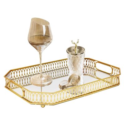 Gold Serving Tray Clear Glass Decorative Tray Organizer for Home Fruits Drinks Makeup Mirror Tray Modern Stylish Design Lightweight Durable Rustproof Ideal for Living Room Bedroom Storage