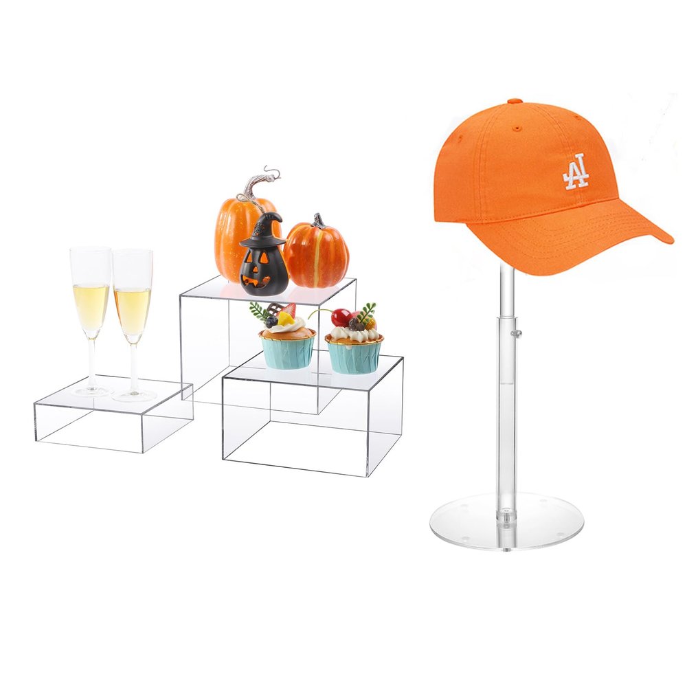 SHUNKAIZS 1 Pack 8"-16" Adjustable Height Acrylic Hat Stand and 3 Pcs Cube Acrylic Risers Display Box