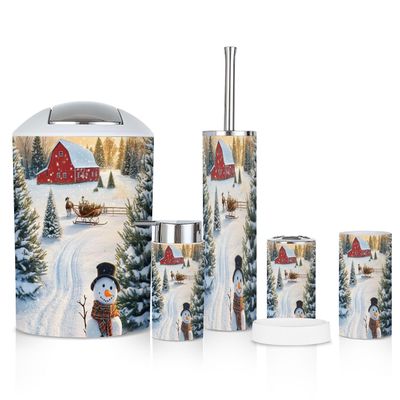 6 Piece Bathroom Accessories Set Nostalgic Holiday Landscape Evergreens Cozy Snowman Trash can Toilet Brush Holder Toothbrush Holder Toothbrush Cup Soap Dispenser Soap Dish for Home