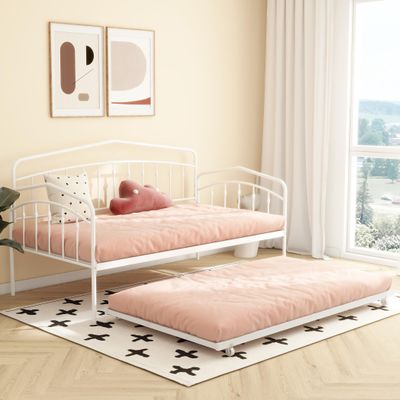 Twin Daybed with Trundle,Metal Sofa Bed Set,Rollaway Daybed Couch Bed Frame for Bedroom Living Room Guest Room White