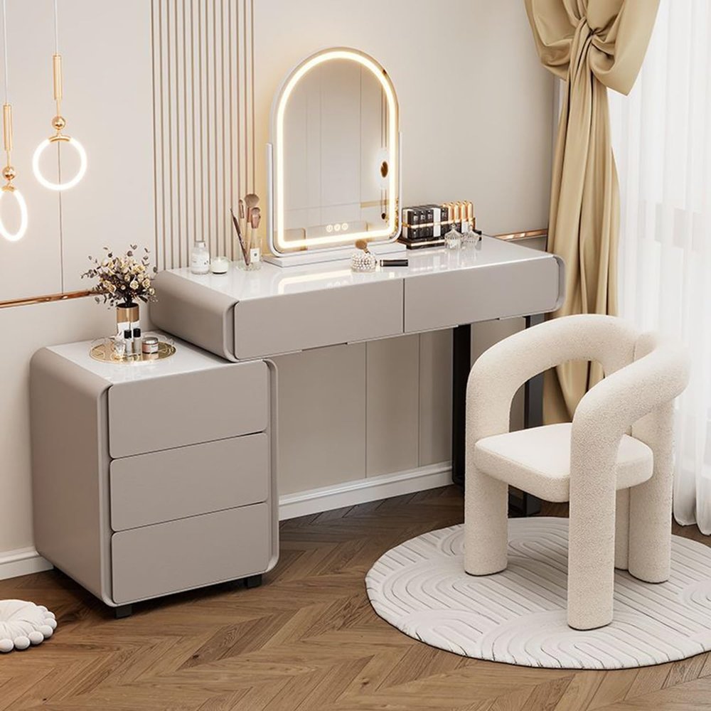 SFJATTA Vanity Desk with Mirror and led Lights Wooden Makeup Desk with Cushioned Stool Wooden Makeup Desk for Bedroom Dressing Room for Bedroom Girl Women(Light Grey,80cm/31.5in)