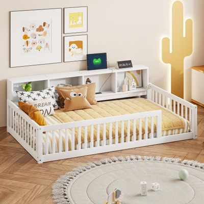 JIJIWNAG Floor Daybed Twin XL with Bookcase and Fence Solid Wood Low Corner Bed Frame with Charging Station and Storage, White