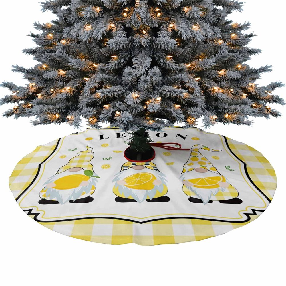 Christmas Tree Skirt,Farm Pastoral Dwarf Lemon Leaves Xmas Tree Skirts Ornaments for New Year Holiday Party Decor,White Yellow Buffalo Checker Christmas Tree Mat