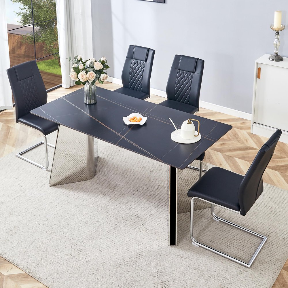 hohoedc 63 Inch Marble Dining Table Set for 4 with Sintered Stone Tabletop & 4 PU Leather Chairs, Modern 4-Seater Rectangle Set for Dining Room & Kitchen
