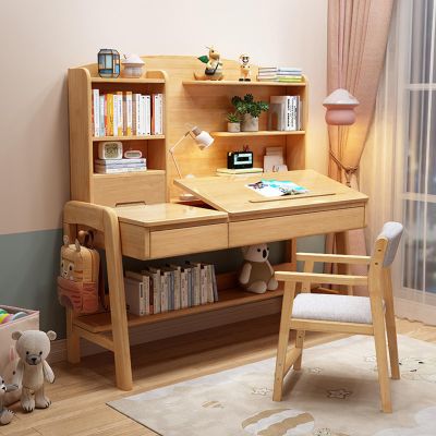 Yadlan Study Desk with Drawers On Both Sides, Height Adjustable and 0-60 Tilted Desktop Kid Desk, Childrens Desk with Bookshelf for 5-12 Year Old, Writing Desk for Small Spaces Wood Color 100cm