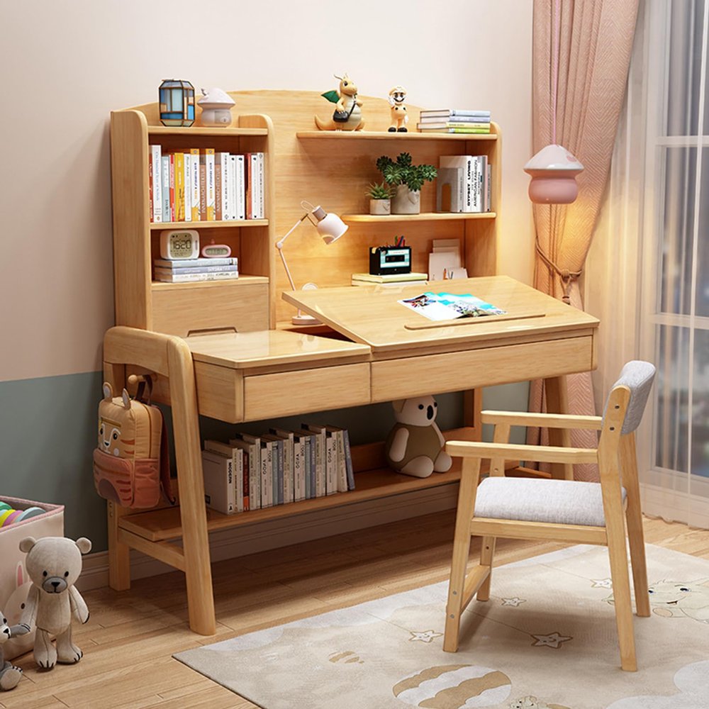 Yadlan Study Desk with Drawers On Both Sides, Height Adjustable and 0-60 Tilted Desktop Kid Desk, Childrens Desk with Bookshelf for 5-12 Year Old, Writing Desk for Small Spaces Wood Color 100cm