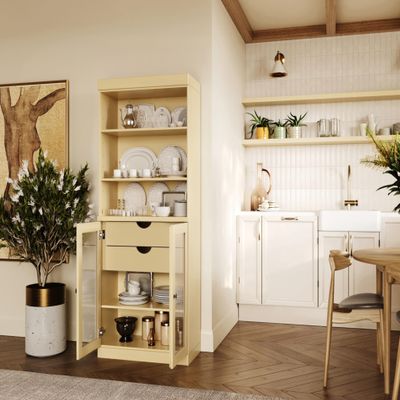 Palace Imports 100% Solid Wood 2-Drawer Pantry w/ 2 Glass Doors, Yellow, 32" w x 71.5" h, Renewable Eco-Friendly Pine, Made in Brazil