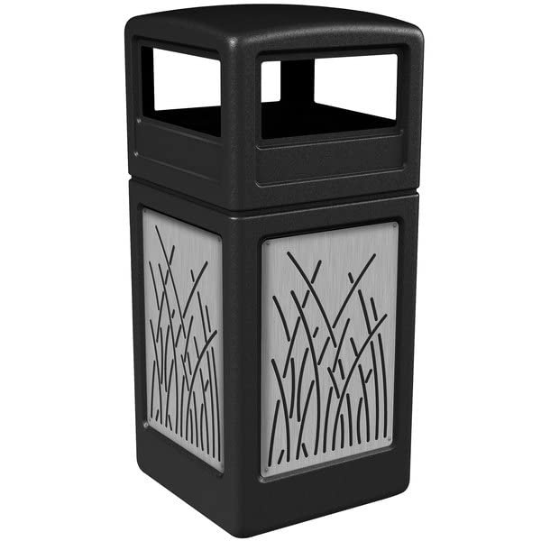 42 Gal Black Square Trash Receptacle with Stainless Steel Reed Panels and Dome Lid, Commercial Trash Can, Indoor and Outdoor Trash Can, Heavy-Duty Waste Container Trash for Patios, Parks, Lobbies