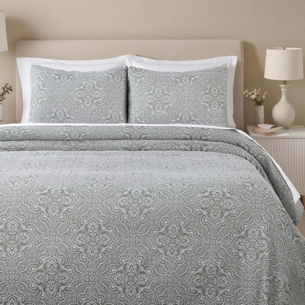 Superior 3 Piece Bedspread Set, Home Bed Decor, Decorative Bed Spread, 2 Pillow Shams, Medium Weight Blanket, Floral Matelasse Coverlet, Bedding Essentials, Enzy Collection, King, Sage