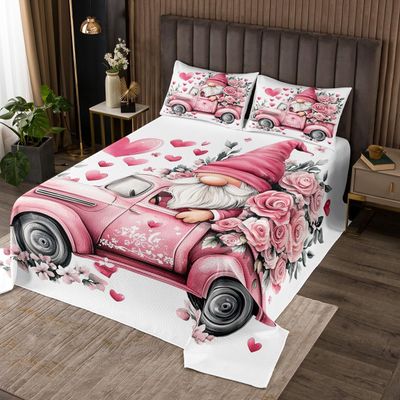 Manfei Cartoon Gnome Kids Bedspread Queen Size,Truck Roses Flowers Love Heart Dreamy Coverlet Set,Girls Women Room Decor,Valentine's Day Quilted Coverlet,Pink White Bedding Quilt,2 Pillowcases