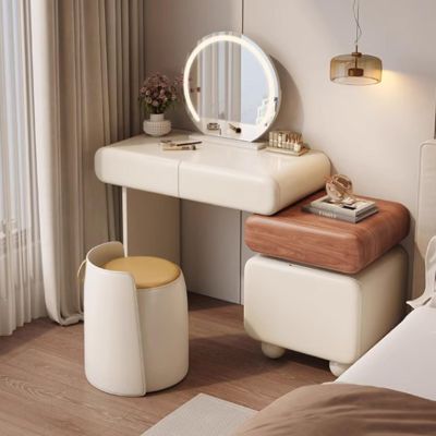 BRCYKRWY Modern Makeup Table with Drawers and Stool Vanity Desk with Mirror and Lights Makeup Vanity Set Makeup Vanity Desk with Cushioned Stool for Bedroom Free Retractable Side Cabinet