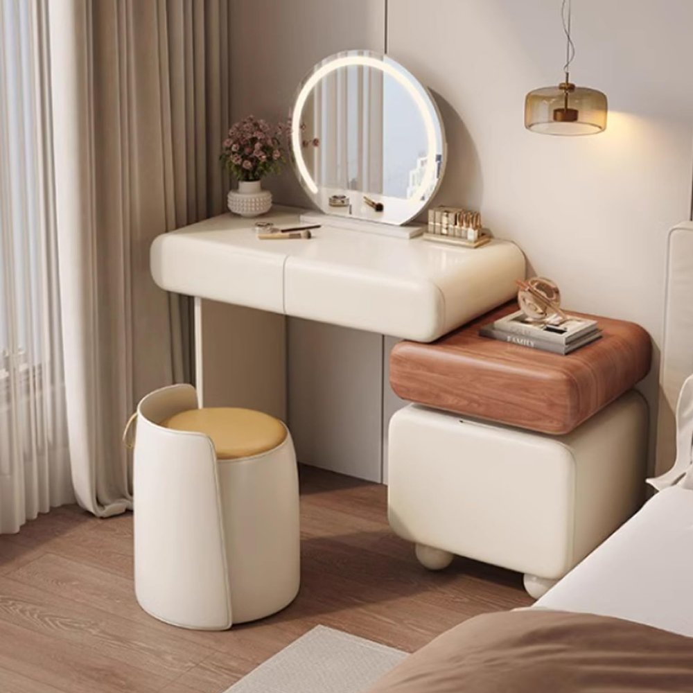 BRCYKRWY Modern Makeup Table with Drawers and Stool Vanity Desk with Mirror and Lights Makeup Vanity Set Makeup Vanity Desk with Cushioned Stool for Bedroom Free Retractable Side Cabinet