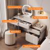 BRCYKRWY Modern Makeup Table with Drawers and Stool Vanity Desk with Mirror and Lights Makeup Vanity Set Makeup Vanity Desk with Cushioned Stool for Bedroom Free Retractable Side Cabinet view 3