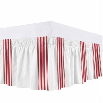Bed Skirt Red Ticking Vertically Stripe Bed Skirt 18 Inch Drop Simple Style White Elastic Wrap Around Bed Skirt Dust Ruffle for Cal King Size Bed