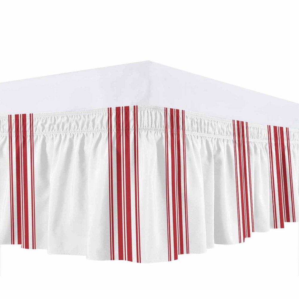 Bed Skirt Red Ticking Vertically Stripe Bed Skirt 18 Inch Drop Simple Style White Elastic Wrap Around Bed Skirt Dust Ruffle for Cal King Size Bed