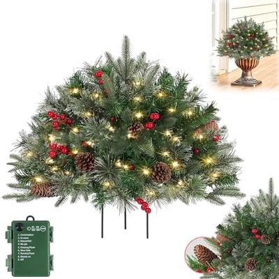 Lighted Artificial Christmas Urn Filler,Holiday Planter Filler,Tripod Stake and 60 LED Lights,Light Up Xmas Pine Trees with Cones,Holiday Planters Outdoor Light Up Planter Filler Holiday Home (C)