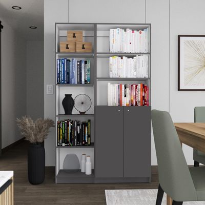 Adigyco 2 Piece 2 Piece Home Bookcase Set, 42" Wide with 8 Shelves and Double Door Cabinet, Living Room Set Matte Gray - White