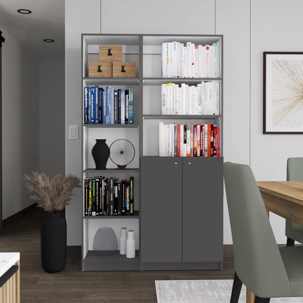Adigyco 2 Piece 2 Piece Home Bookcase Set, 42" Wide with 8 Shelves and Double Door Cabinet, Living Room Set Matte Gray - White