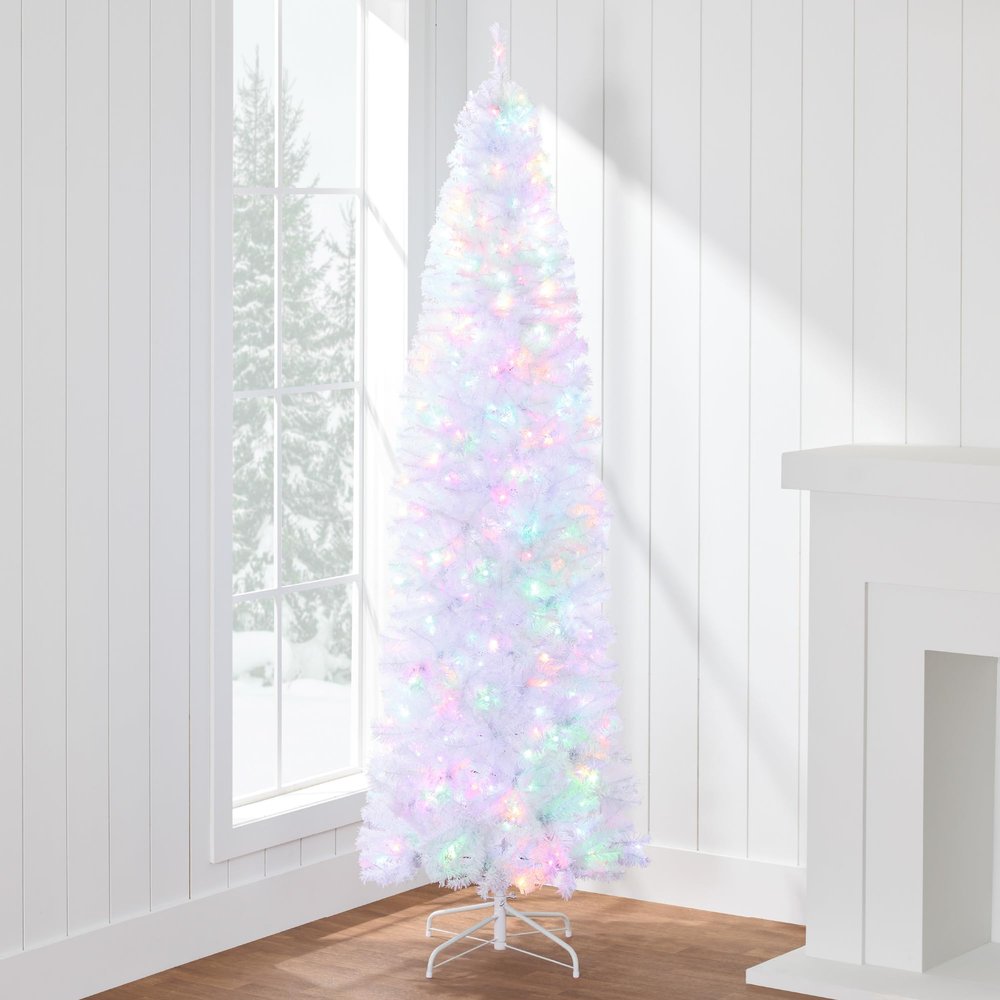 Best Choice Products Pre-Lit White Pencil Christmas Tree, 12ft Slim Lighted Artificial Dcor w/ 2-in-1 White & Multicolor Lights, Metal Base