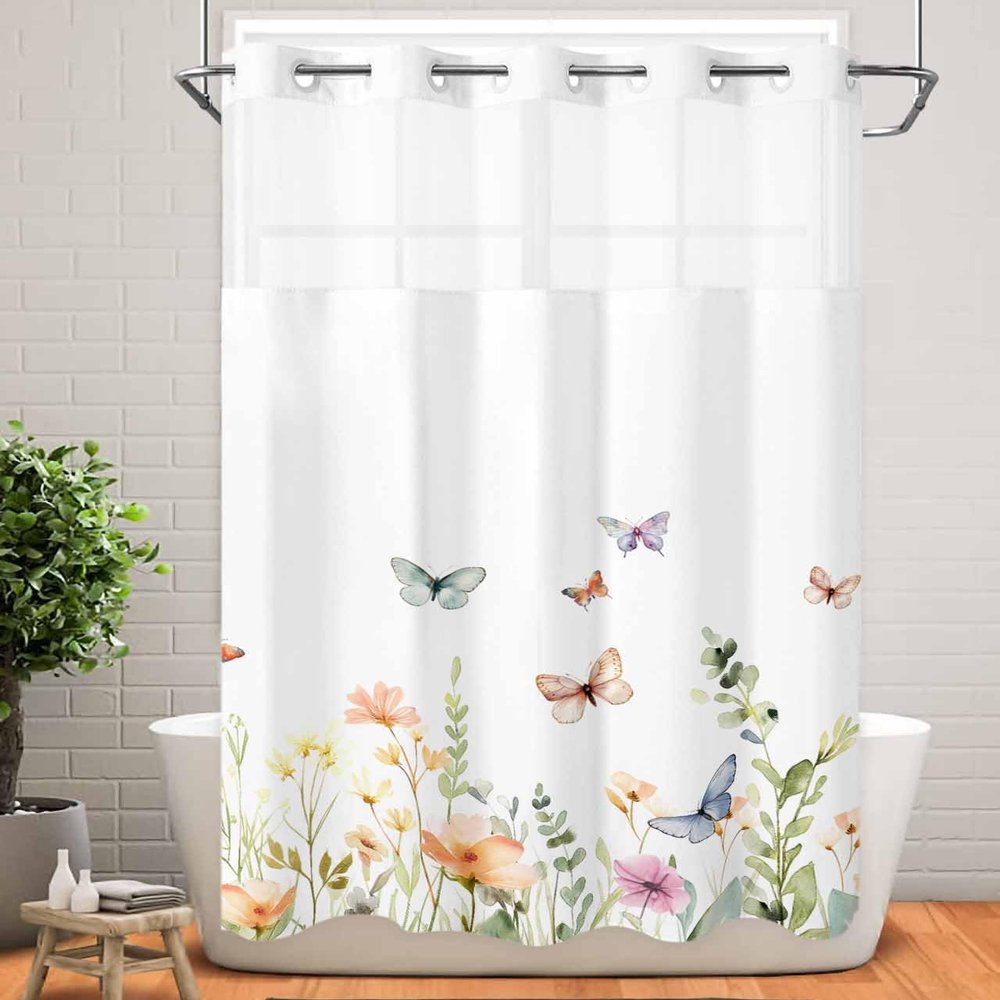 No Hook Shower Curtain with Snap in Liner,Garden Watercolor Blossom Flower Waterproof Bath Curtain with See Through Top Window,Floral Leaf Butterfly on White Shower Curtains for Bathroom,36x78in