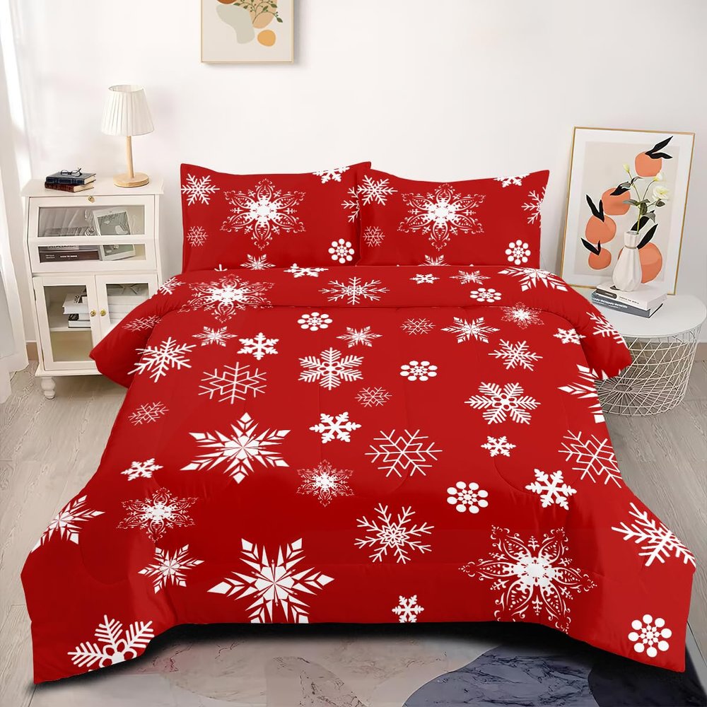 CCoutueChen White Snowflake Pattern Comforter Set King Size, Classic Christmas Elemental Bedding Set for Adult Women Bedroom Decor,3 Pieces Soft Down Comforter with 2 Pillowcases,Red White
