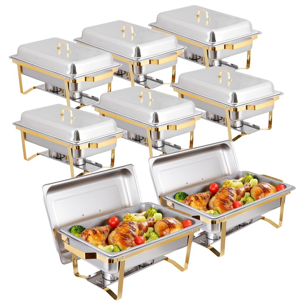 HomGarden 8 Pack 8QT Chafing Dish Stainless Steel Complete Buffet Set, High Grade Chafers and Buffet Warmer Set for Kitchen Party Banquet Dining, Gold and Silver