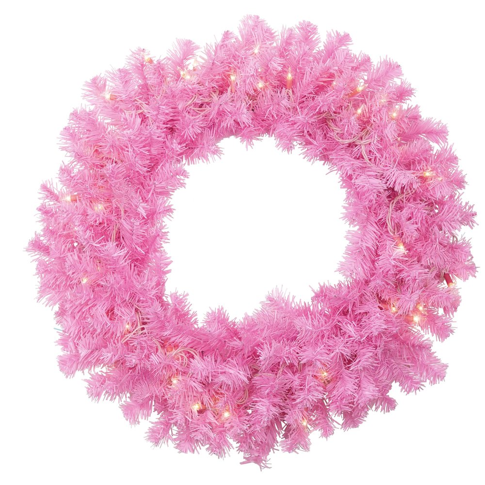 Northlight Pre-Lit Artificial Pine Christmas Wreath - 24" - Pink- Clear Lights