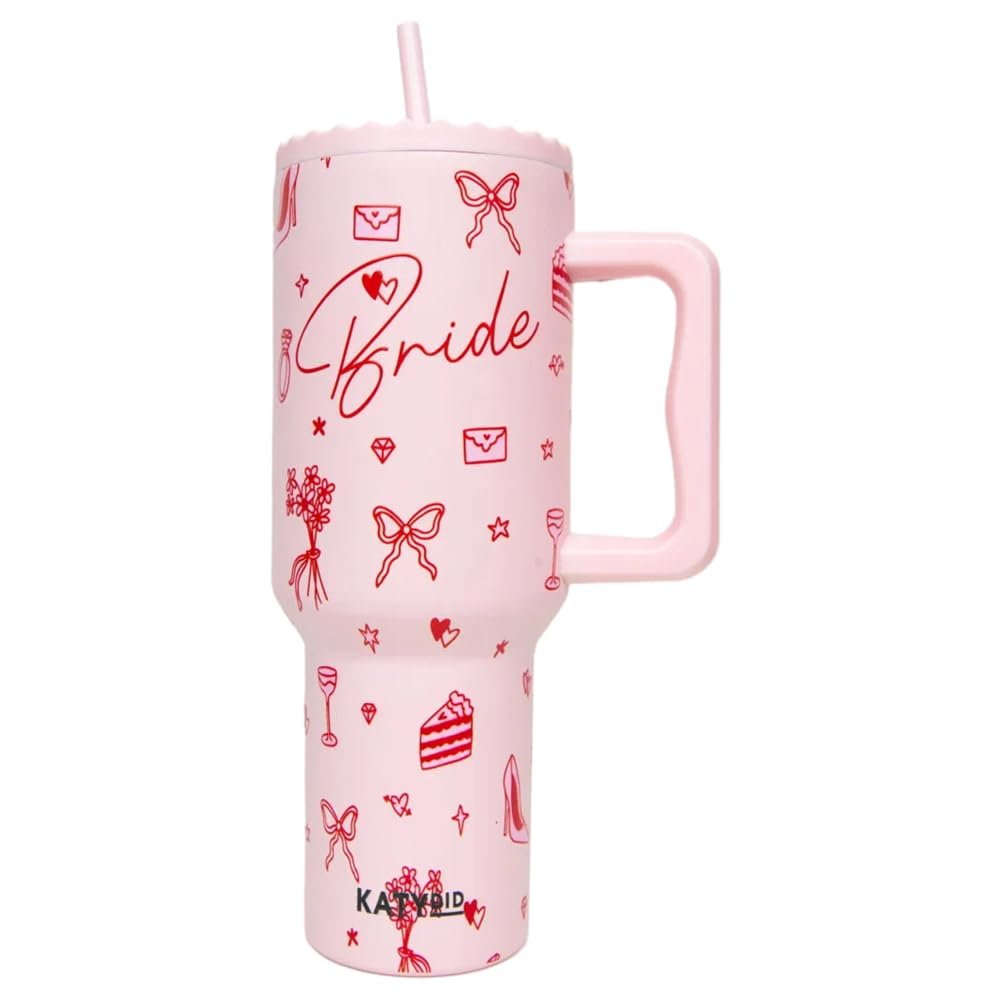 KATYDID 38oz Stainless Steel Tumbler with Handle and Straw - Dishwasher Safe Insulated Tumbler for All-Day Hot or Cold Coffee, Water, Tea, Smoothies and More (Bride Red Drawings)