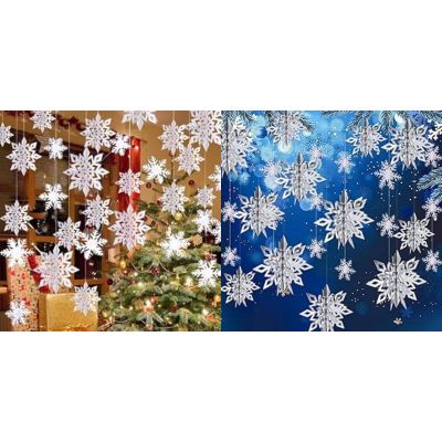Winter Christmas Hanging Decorations - 12PCS Snowflakes Garland & 3D Glittery Large White Silver Snowflakes for Christmas Winter Wonderland Holiday New Year Party Home