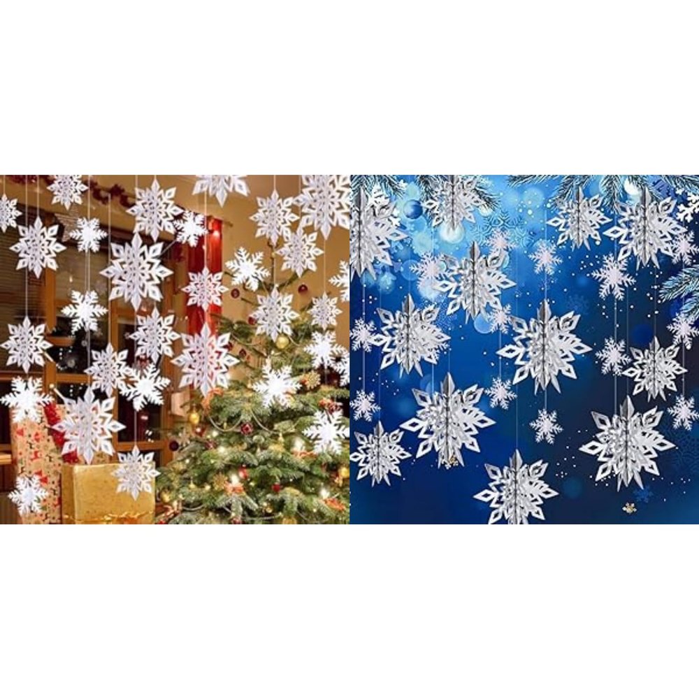 Winter Christmas Hanging Decorations - 12PCS Snowflakes Garland & 3D Glittery Large White Silver Snowflakes for Christmas Winter Wonderland Holiday New Year Party Home