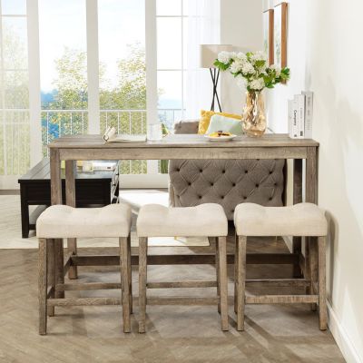 4 Piece Dining Table Set with Power Outlet for 3, Rusitc 59" Counter Height Bar Table Set with Upholstered Stools for Kitchen, Save Space, Brown