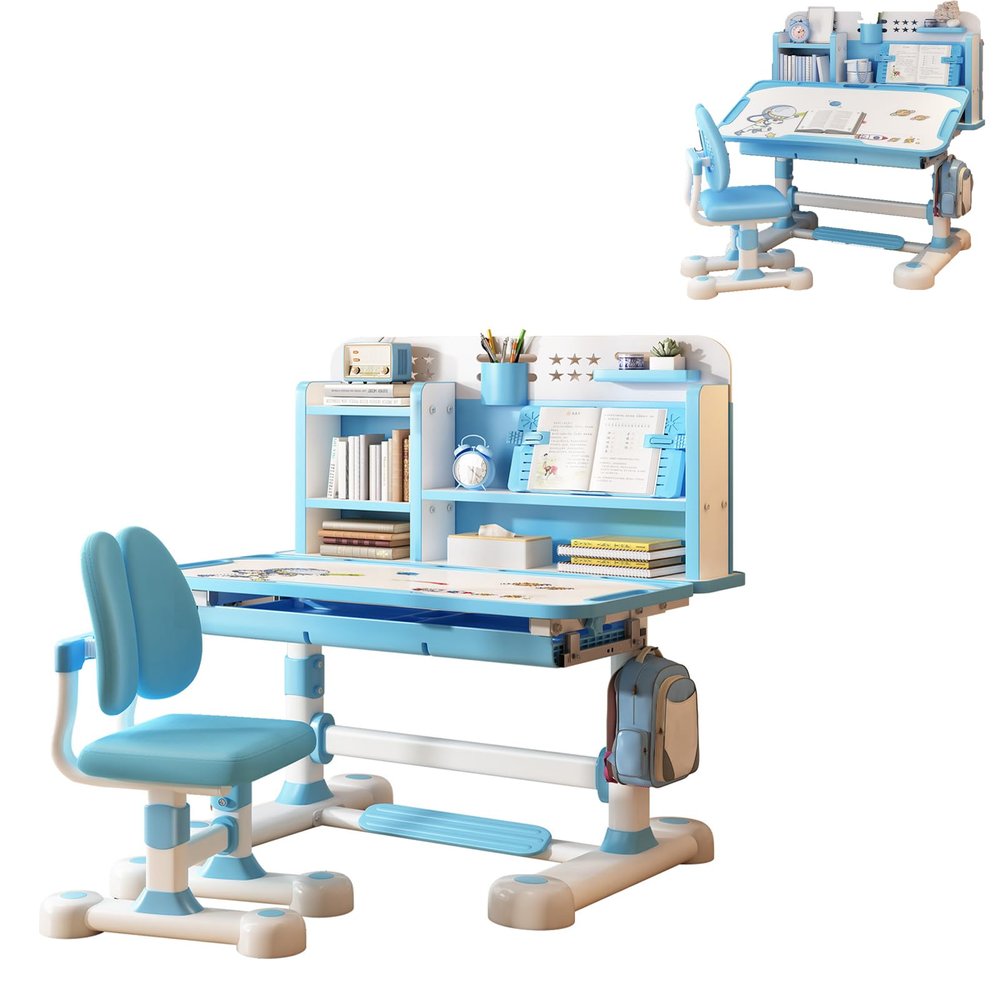 GIFZES Kids Desk and Chair Set, Height Adjustable Kids Desk with Chair, Kid School Study Desk and Chair Set with Sitting Corrector, Ergonomic Desk Chair with Book Stand, Foot Pedal (Blue)