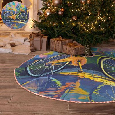 48" Christmas Tree Skirt Farmhouse Rustic Christmas Tree Mat Colorful Bicycle Tree Skirt Plush Xmas Tree Skirt for Decorations Holiday Party