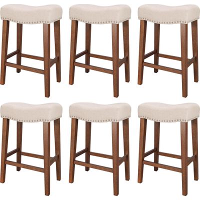 PrimeZone Counter Height Bar Stools Set of 6 - Backless Saddle Barstools with 4.3" Thick Upholstered, Nailhead Trim Linen Fabric & Solid Wood Legs, 26 Inch Counter Stools for Kitchen Island, Beige
