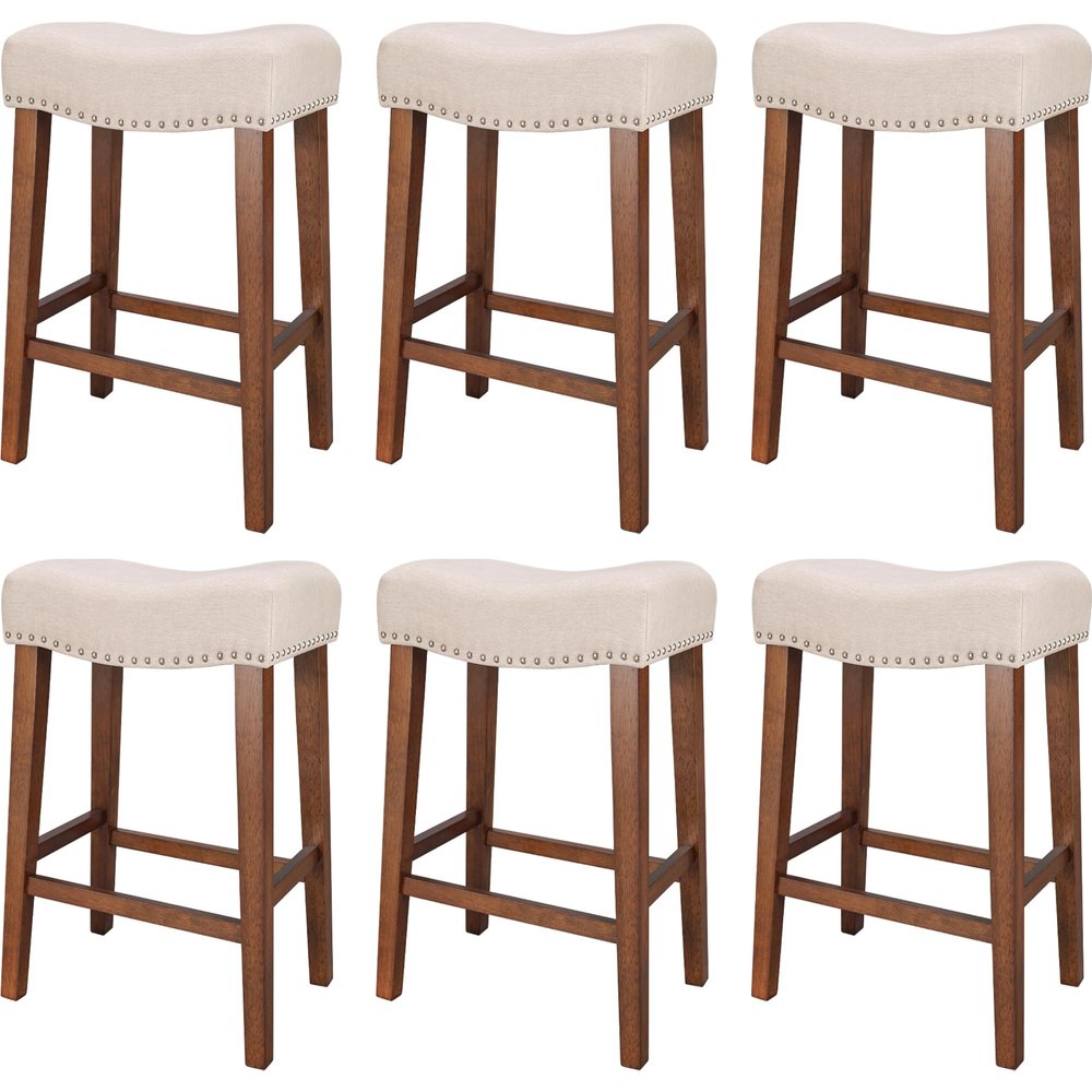 PrimeZone Counter Height Bar Stools Set of 6 - Backless Saddle Barstools with 4.3" Thick Upholstered, Nailhead Trim Linen Fabric & Solid Wood Legs, 26 Inch Counter Stools for Kitchen Island, Beige
